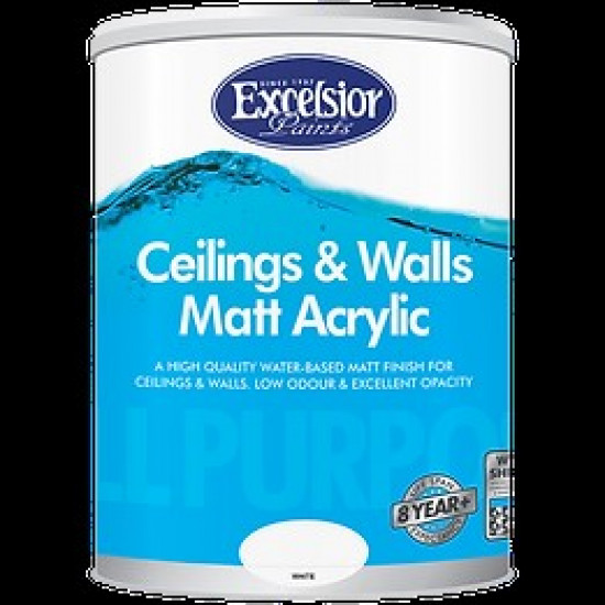 EXCELSIOR PAINT / All Purpose Ceilings & Walls Matt Acrylic Elusive White Paint 5ltr / APM EW 5LTR