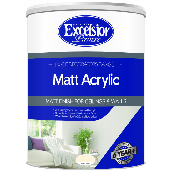 EXCELSIOR PAINT / Trade Decorators Matt Acrylic Butter Cream Paint 5ltr / TDM BC 5LTR