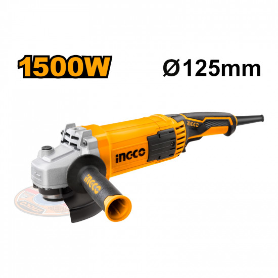 INGCO / Angle Grinder 1500 Watt, No-Load Speed 11000rpm, Disc Diameter 125mm, including 1x Auxiliary Handle, 1x Set Carbon Brushes / AG150018