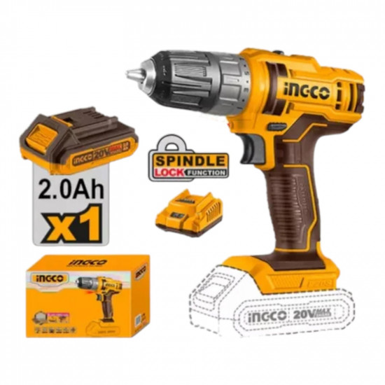 INGCO / Cordless Drill Lithium-Ion 20v, 45Nm, including 1x 2.0Ah Battery Pack , 1x Charger, 1x Cr-V 65mm Bit / CDLI200518