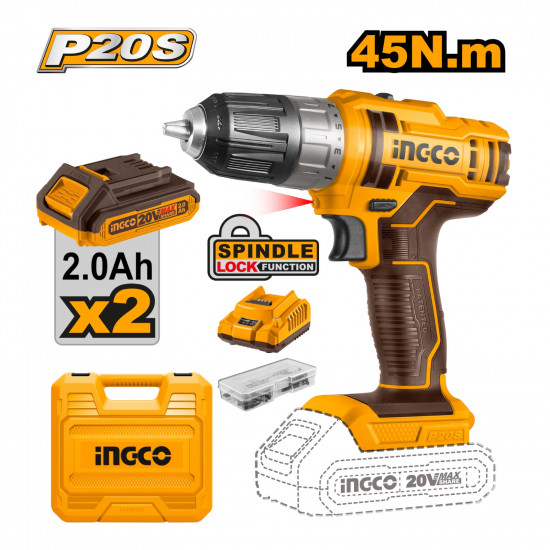 INGCO / Cordless Drill 20v, 45Nm, including 2x 2.0Ah Battery Pack, 1x Charger, 1x Cr-V 65mm Bit and 147 Piece Accessories Kit  / CDLI200528