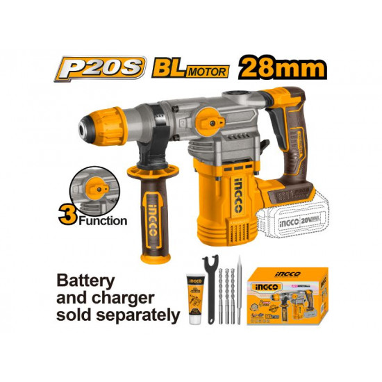 INGCO Cordless Rotary Hammer Drill 20v Li Ion Brushless SDS Plus Chuck System includes 3 Drill Bits 1 Chisel 1 Spanner 1 Grease Tube CRHLI20288