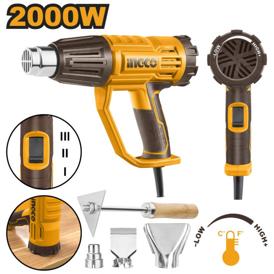 INGCO / Heat Gun 2000 Watt, including 1x Reduction Nozzle, 1x Reflector Nozzle, 1x Flat Nozzle, 1x Scraper / HG200047