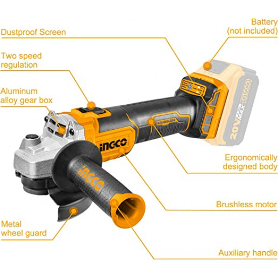 INGCO / Cordless Angle Grinder 20v, Brushless Cut-Off-Tool with 1pc Auxiliary Handle 115mm / CAGLI201158