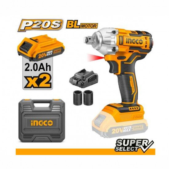INGCO / Cordless Impact Wrench Set 20V, 300nm, Brushless Motor, includes Battery Pack, Fast Charger, 3 Impact Sockets / CIWLI2038