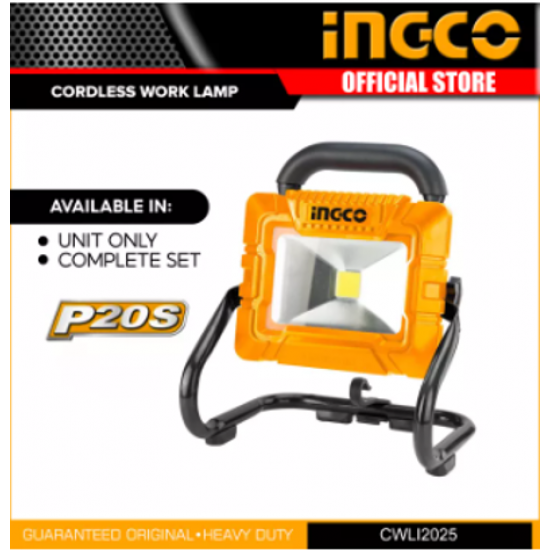 INGCO / CORDLESS WORK LAMP, 20V, LITHIUM-ION, LUMENS HIGH 1800, LOW 900 / CWLI2025