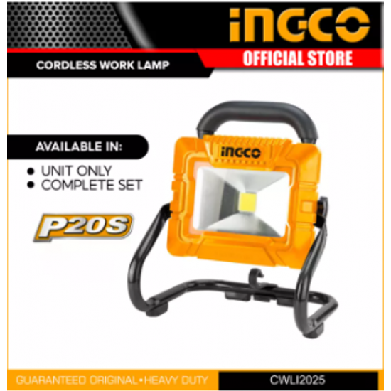 INGCO / Cordless Portable Work Lamp, 20v, Lithium-Ion, Lumens High 1800, Low 900 / CWLI2025