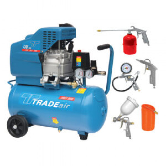 TRADEair / 24L 1.1kW Lubricated Compressor Direct Drive 1.5HP with 5 Piece Air Tool Kit / MCFRC108