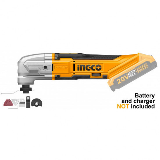INGCO / Cordless Multi-Tool 20v, Lithium-Ion, includes Flexible Scraper, Cutting and Segment Saw Blade, Hex Key, Sanding Base and Sanding Paper / CMLI2001