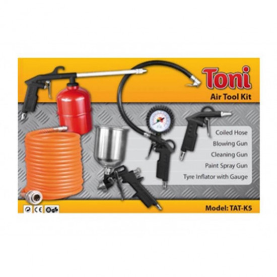 TONI / 5 Piece Compressor Kit, Spray Gun, Cleaning Gun, Blow Gun, Tyre Gauge, Coil Hose / TAT-K5  