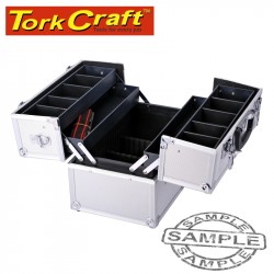 SQUARE ALUMINIUM CASE WITH 4 PIECE TRAY 36.5 X 22.5 X 25 WITH SILVER D