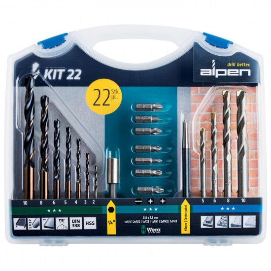 DRILL AND SCREWDRIVER BIT SET 22 PIECE IN CARRY CASE STEEL & MASONRY DRILL AND SCREWDRIVER BIT SET 22 PIECE IN CARRY CASE STEEL & MASONRY
