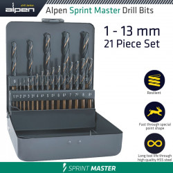 ALPEN SPRINT MASTER 21 PCE SET KM21 1 -8.5 X 0.5 9-13 X 1MM METAL BOX