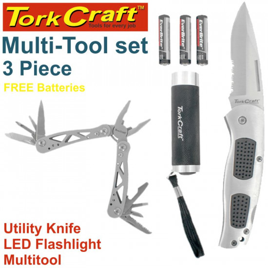 MULTI TOOL 3PC SET TORCH KNIFE MULTI TOOL COMES WITH FREE BATTERIES