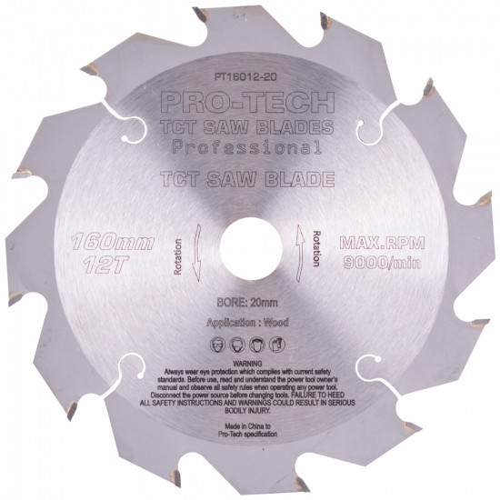 SAW BLADE TCT 160X2.2X20X12T WOOD PROF. PRO-TECH FES. TS55 PW12 SAW BLADE TCT 160X2.2X20X12T WOOD PROF. PRO-TECH FES. TS55 PW12