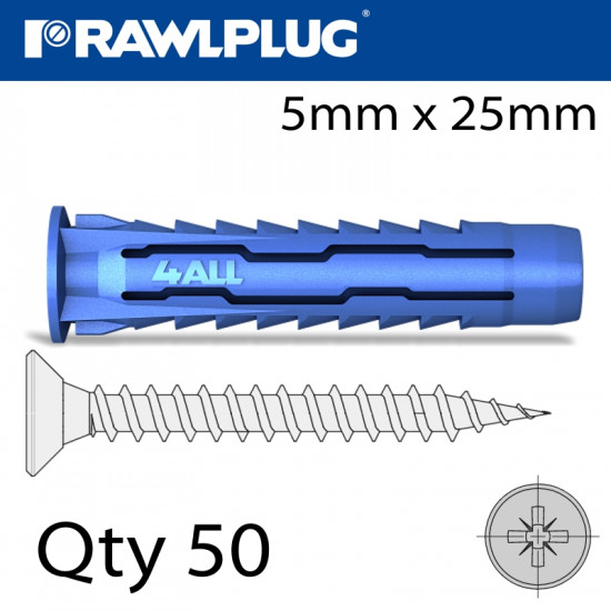 UNIVERSAL NYLON PLUG+SCREWS 5MMX25MM X50-BOX UNIVERSAL NYLON PLUG+SCREWS 5MMX25MM X50-BOX