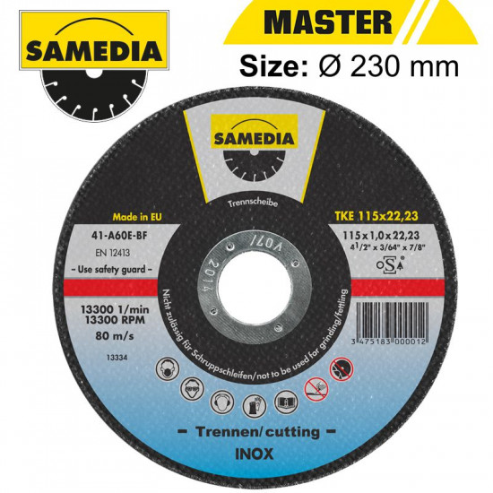 ABR CUTTING DISC 230 X 1.9 X 22.3MM OSA S/STEEL & METAL SAMEDIA ABR CUTTING DISC 230 X 1.9 X 22.3MM OSA S/STEEL & METAL SAMEDIA