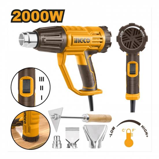 INGCO / Heat Gun 2000 Watt, including 1x Reduction Nozzle, 1x Reflector Nozzle, 1x Flat Nozzle, 1x Scraper / HG200047